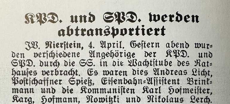 Bericht über die Deportation Nazi-Gegnern in Nierstein